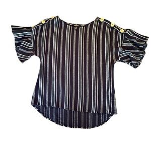 Ellen Tracy Navy/White Linen Ruffle Short Sleeve Blouse Size Medium MSRP $125